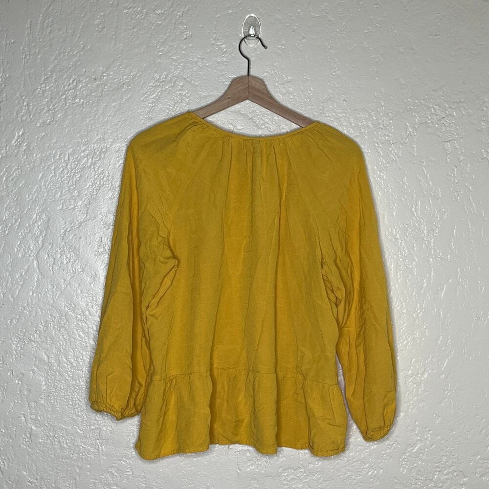 Old Navy Blouse Large Yellow Linen Blend Women's Peplum Tie Neck Boho - Picture 2 of 6